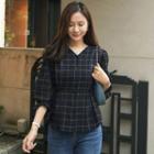 Tie-side Checked Peplum Blouse