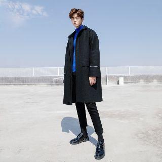 Contrast Trim Plain Woolen Coat