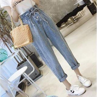 Paperbag Waist Washed Baggy Jeans