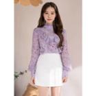 High-neck Frilled Floral Crepe Blouse Purple - One Size