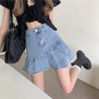 Ruffle Slim-fit Denim Skirt