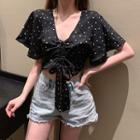 Short-sleeve Patterned Drawstring Cropped Top