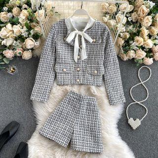 Set : Plain Long-sleeve Bow Top + Plaid Tweed Jacket + Wide-leg Shorts