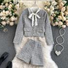 Set : Plain Long-sleeve Bow Top + Plaid Tweed Jacket + Wide-leg Shorts