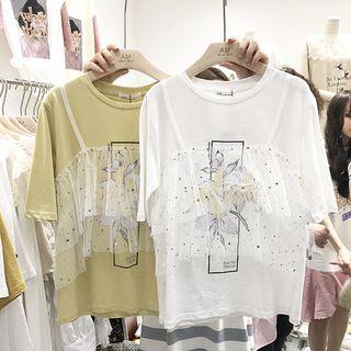 Print Short-sleeve Mesh Panel T-shirt