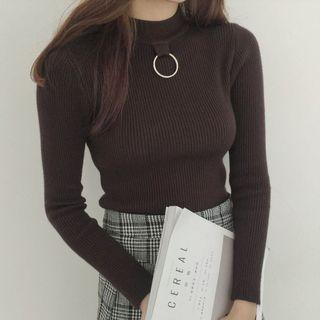 Ring Detail Mock Neck Long-sleeve Knit Top