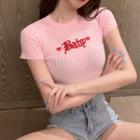 Lettering Short-sleeve Crop Knit Top Pink - One Size