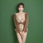 Set: Spaghetti Strap Plaid Swimsuit + Long-sleeve Cover-up Top