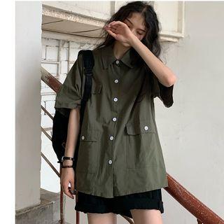Pocket Detail Elbow-sleeve Shirt / Midi A-line Skirt