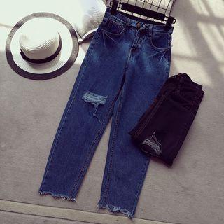 Distressed Cutout-hem Straight Cut Jeans