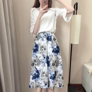 Set: Plain Perforated Elbow Sleeve Top + Printed Midi Skirt