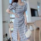 Puff-sleeve Plaid Frog Buttoned A-line Dress
