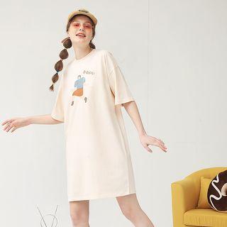 Printed Elbow Sleeve T-shirt Dress Off-white - One Size