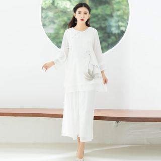 Floral Print Long-sleeve Hanfu Top/ Cropped Wide-leg Pants