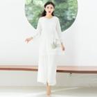 Floral Print Long-sleeve Hanfu Top/ Cropped Wide-leg Pants