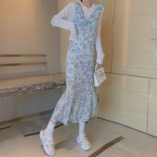 Long-sleeve Round Neck T-shirt / Sleeveless Floral Maxi Dress