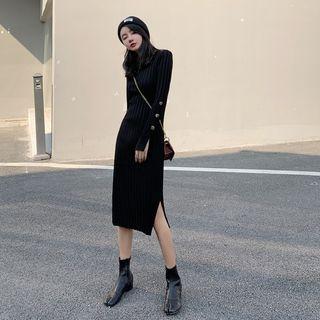 Button Detail Ribbed Slit Knit Dress Black - One Size