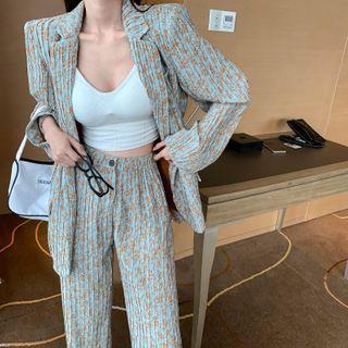 Printed Blazer/ Printed High-waist Straight Dress Pants