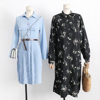 Long-sleeve Pleated Hem Chiffon Shirt Dress