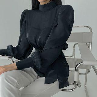 Stand-collar Puff-sleeve Satin Blouse With Sash