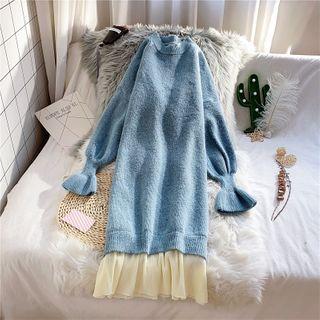 Bell-sleeve Mesh Hem Midi Sweater Dress