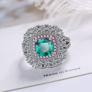 Rhinestone Ring 1pc - Pink & Green & Silver - One Size