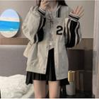 Lettering Embroidered Baseball Jacket Black & White - One Size
