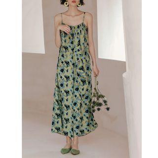 Spaghetti Strap Print A-line Dress Black & Blue - One Size