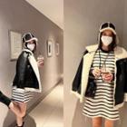 Convertible-neck Patent Faux-shearling Jacket Black - One Size