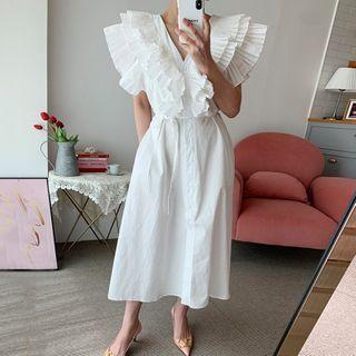 Pleated Short-sleeve Midi A-line Dress