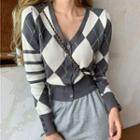 Color Panel Argyle Long-sleeve Cardigan Gray & Almond - One Size