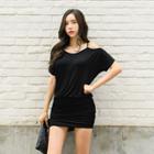 Cutout-shoulder Batwing-sleeve Shirred Dress