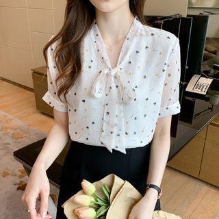 Short-sleeve Ribbon-neckline Floral Blouse