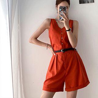 Set: V-neck Vest + Cuffed-hem Shorts With Belt