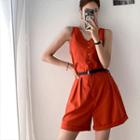 Set: V-neck Vest + Cuffed-hem Shorts With Belt