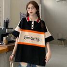Short-sleeve Lettering Color Block Collared T-shirt