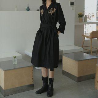 Fan Embroidered Midi A-line Dress Black - One Size