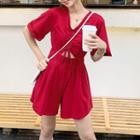 Drawstring Cut-out Short-sleeve Playsuit
