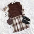 Long-sleeve Plaid Midi Dress / Plain Knit Vest