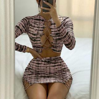 Set: Long Sleeve Print Tie-front + Skirt
