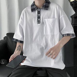 Elbow-sleeve Plaid Detail Polo Shirt