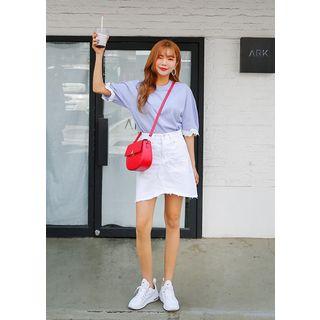 Plus Size - Zip-front Fray-hem Skirt