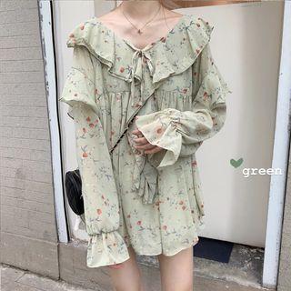 Floral Print Ruffle Chiffon Tunic As Shown In Figure - One Size