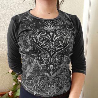 Printed Rhinestone Round Neck 3/4 Sleeve Top