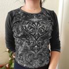Printed Rhinestone Round Neck 3/4 Sleeve Top