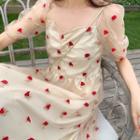 Embroidered Flower Puff-sleeve Mesh Dress Almond - One Size