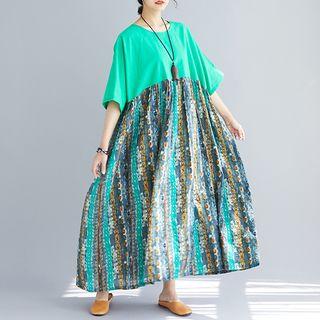 Patterned Panel Short-sleeve Maxi Dress As Shown In Figure - One Size
