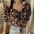 Puff-sleeve Floral Print Blouse Floral - Black & Pink - One Size