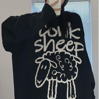 Lettering Cartoon Sheep Print Sweater Black - One Size