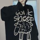 Lettering Cartoon Sheep Print Sweater Black - One Size